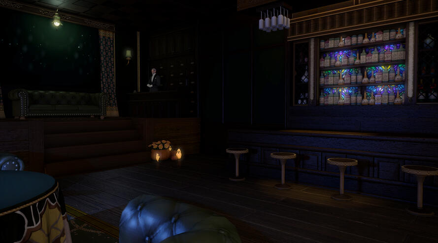 The bar, reception area, and edge of the fortune-telling area